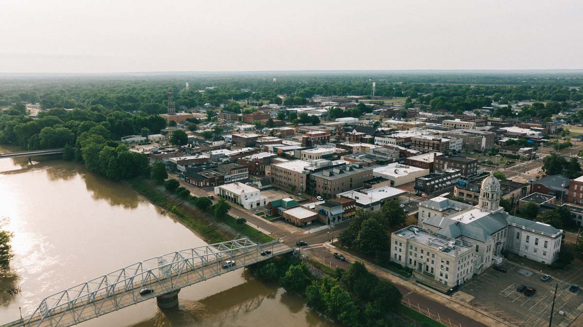 An aerial shot of Greenwood, Mississippi